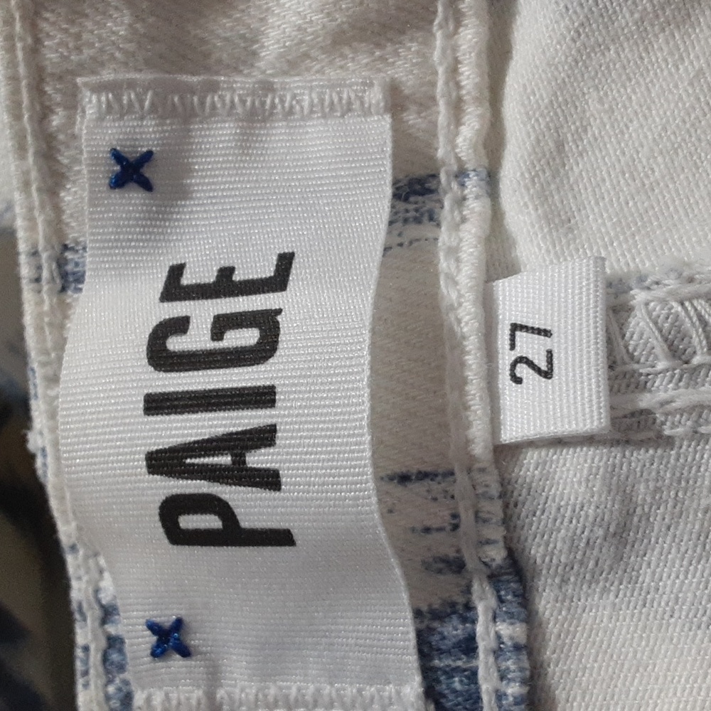 PAIGE Verdugo Ultra Skinny  Blue and White Pants with Geometric Print Size 27 - Picture 6 of 8
